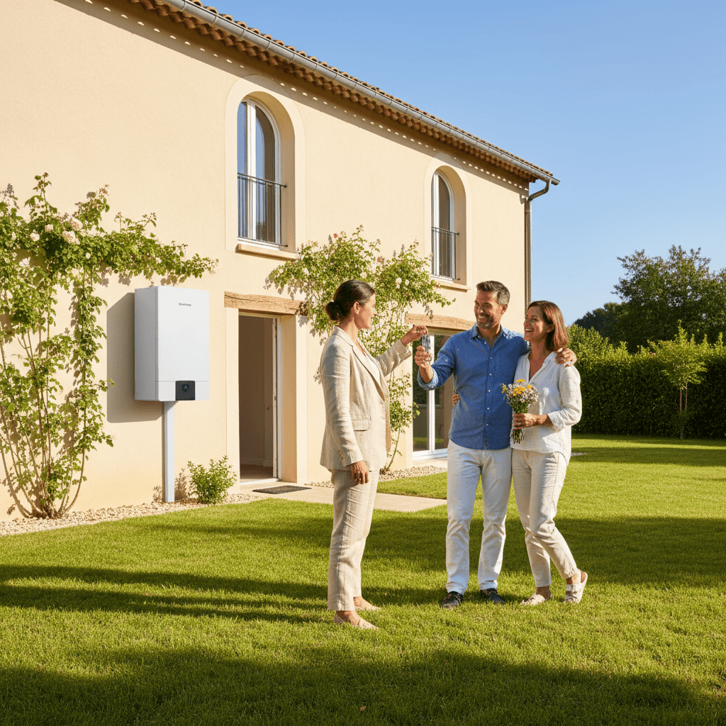 Propriétaire recevant les clés devant une maison récemment rénovée
