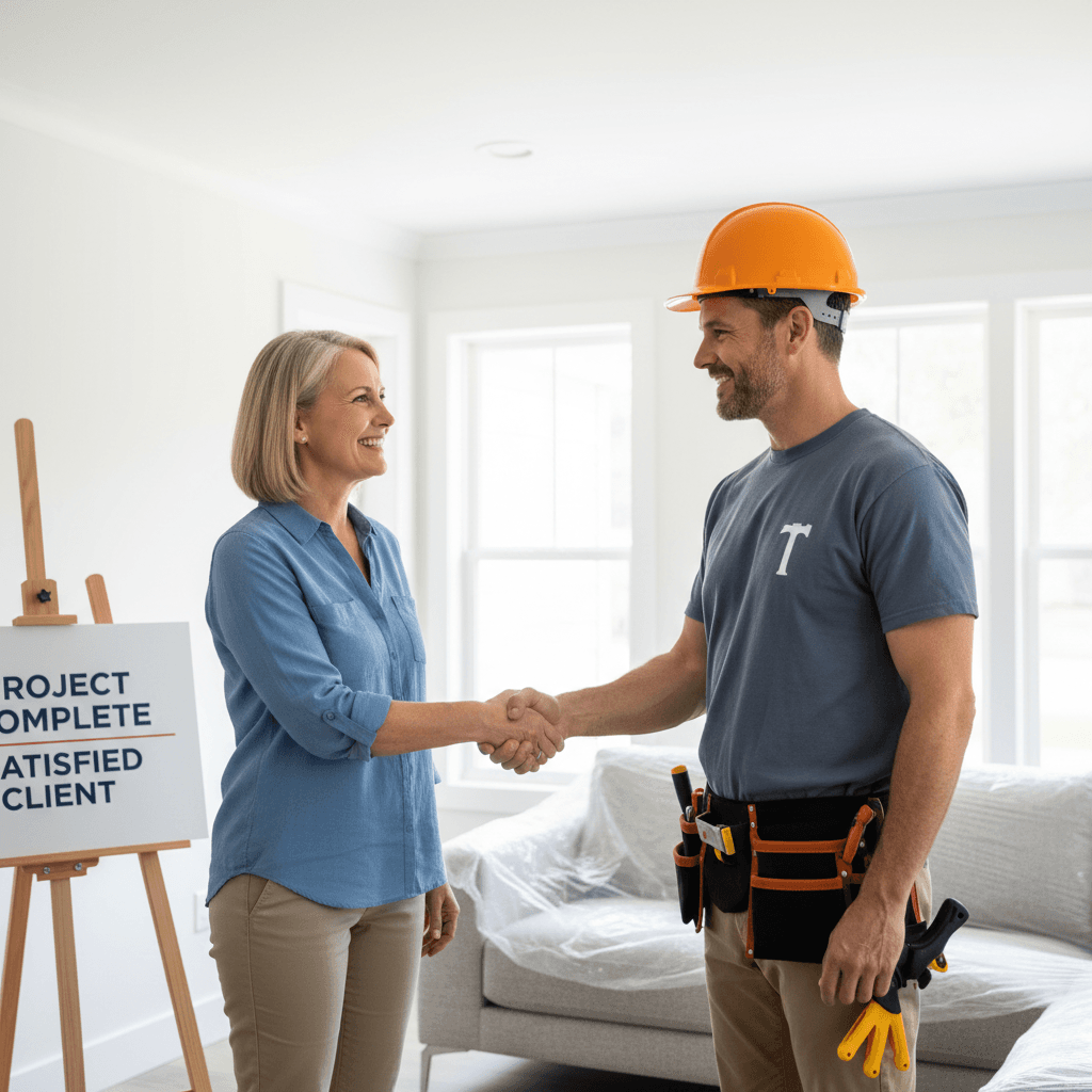 Propriétaire serrant la main de son artisan après des travaux de rénovation