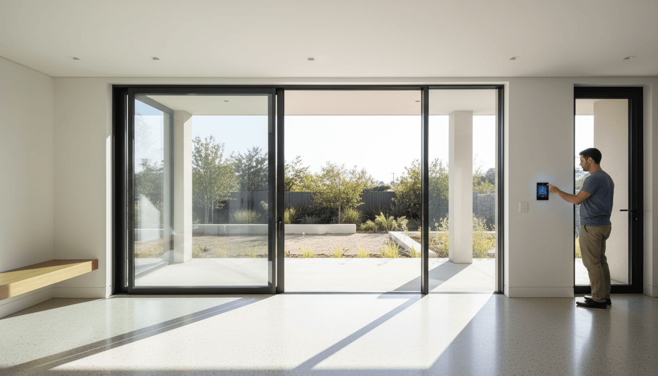 Modern residential interior with custom aluminum glass doors opening to patio, technician adjusting smart home controls, polished microcement floors