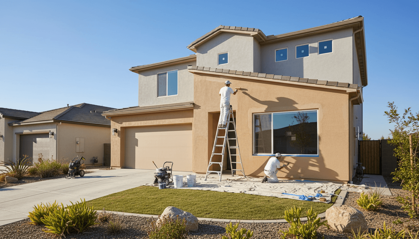 Professional painters on ladders applying fresh paint to residential home exterior during daytime